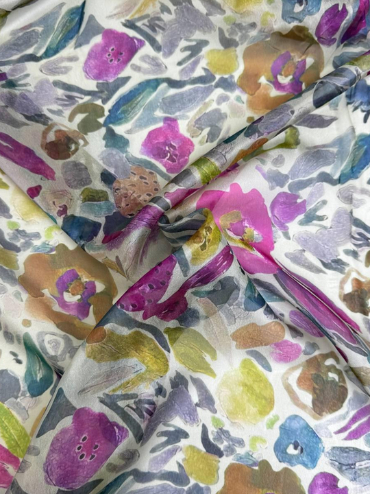 Шифон принт, silk, акварель фуксия/серый/горчица на молочном RH D2C3