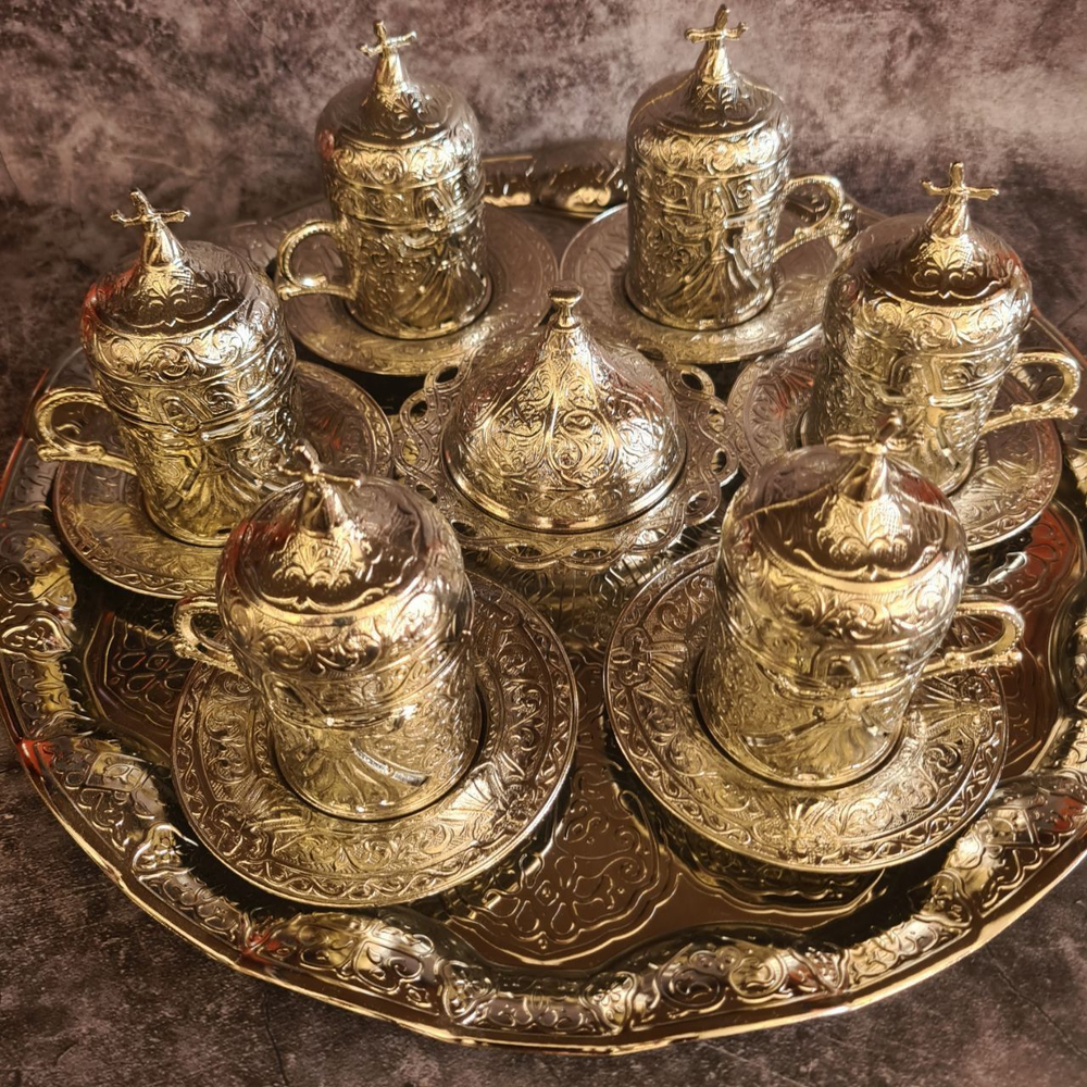 Кофейный набор "Дервиш" на 6 персон с подносом/ACAR. Турция (серебристый 27 предметов)