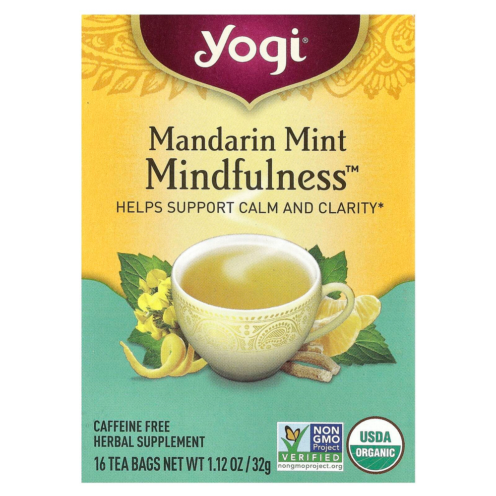Yogi Tea, мандарин и мята, осознанность, без кофеина, 16 чайных пакетиков, 32 г (1,12 унции)