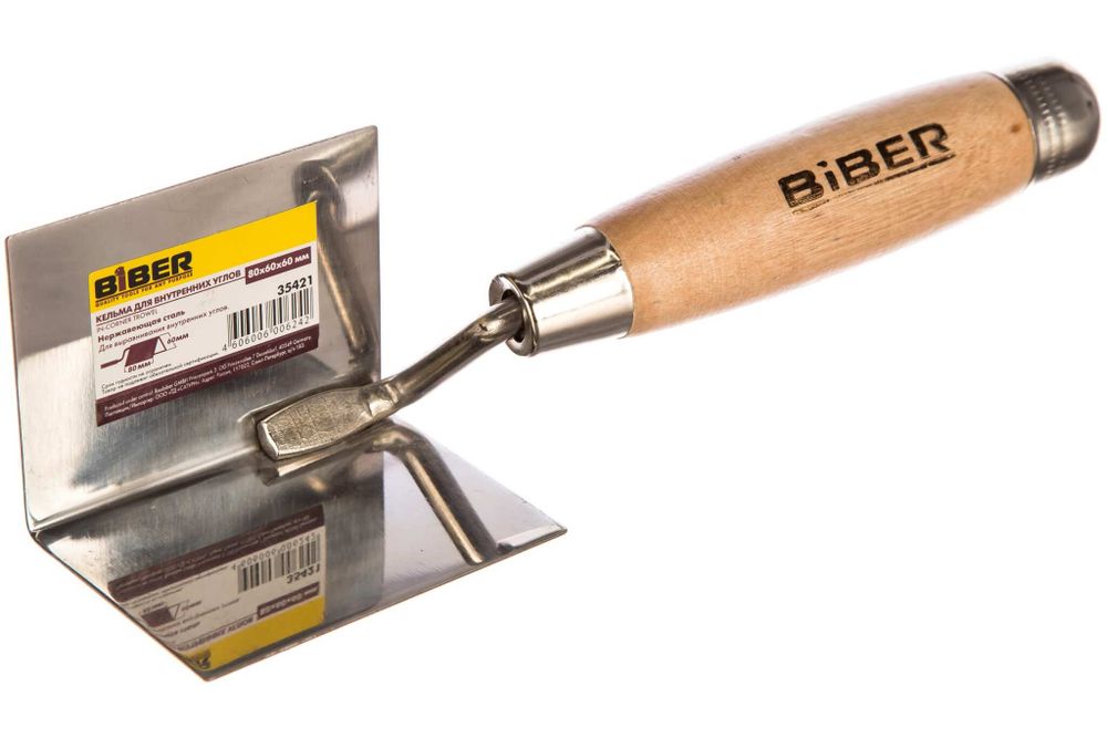 БИБЕР 35421 Кельма для внутренних углов нерж. сталь дер. рукоятка 80х60х60мм (12/36)