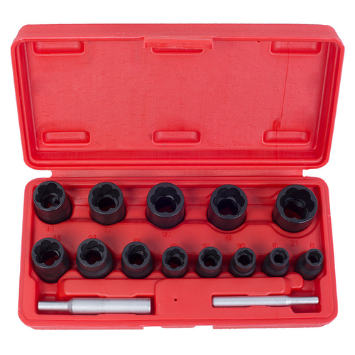 МАСТАК (109-30015C) Набор торцевых головок для поврежденных гаек и болтов, 8-21 мм, кейс, кейс, 15 предметов