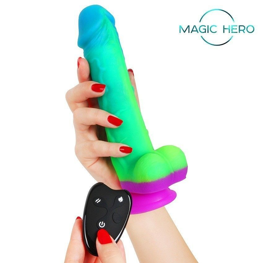 Яркий вибратор с возвратно-поступательными движениями и пультом ДУ - 21 см. (Цвет: разноцветный)