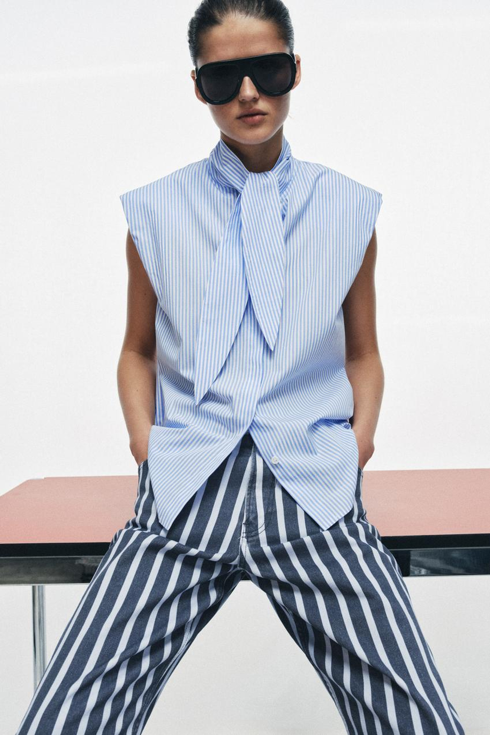 ZARA РУБАШКА С ЗАВЯЗКАМИ — ZW COLLECTION, СИНИЙ/БЕЛЫЙ