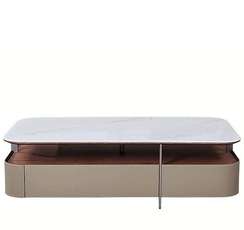 Журнальный столик 4636, белая керамика, шпон ореха, бежевая экокожа