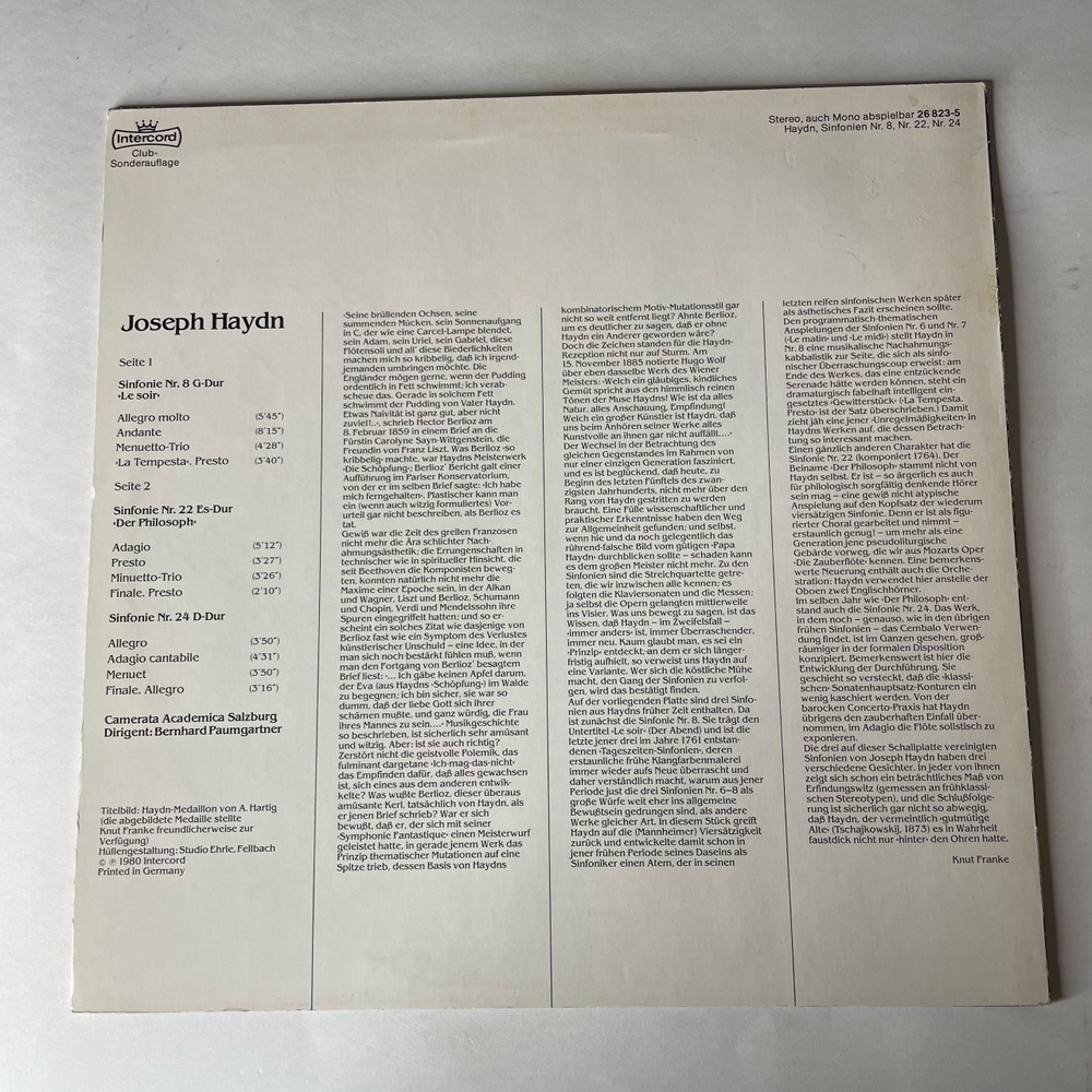 Винтажная виниловая пластинка LP J. Haydn Йозеф Гайдн, Camerata Academica Salzburg, Bernhard Paumgartner, Симфония Sinfonien Nr. 8 (Германия 1980)