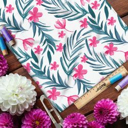 Ткань штапель розовые цветы и зелёные листья на белом фоне