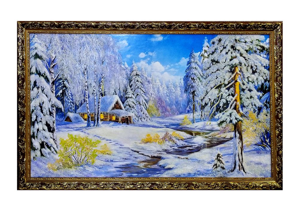 Картина №10 &quot; Зимний пейзаж&quot; репродукция с подсыпкой уральскими минералами , размеры 68-108-3см