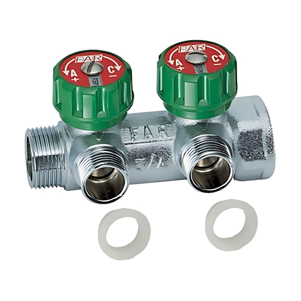 Коллектор регулирующий проходной FAR MULTIFAR 3821 - 1"(НР/ВР) на 2 контура 3/4"(EK + Flat-Faced)