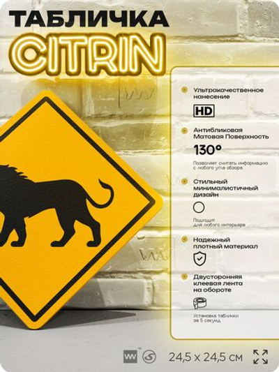 Табличка прикольная "Осторожно, лев" на дверь и стену, информационная и предупреждающая, декоративный знак, 24,5х24,5 см, пластиковая, Айдентика Технолоджи