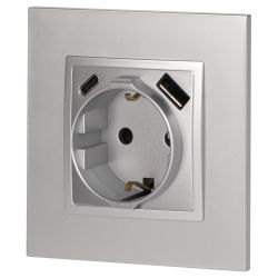 Розетка ЭРА Elegance 14-4108-03 2P+E 16A-250В со шторками с USB type-A+C 5В-3А алюминий | Розетки и выключатели