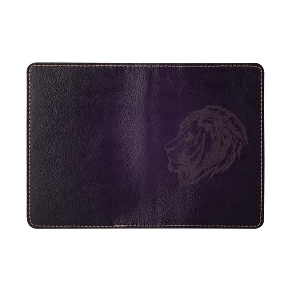 Обложка для паспорта Лев из кожи синего цвета в развернутом виде.