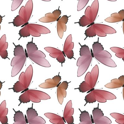 розовые, сиреневые, красные бабочки на белом