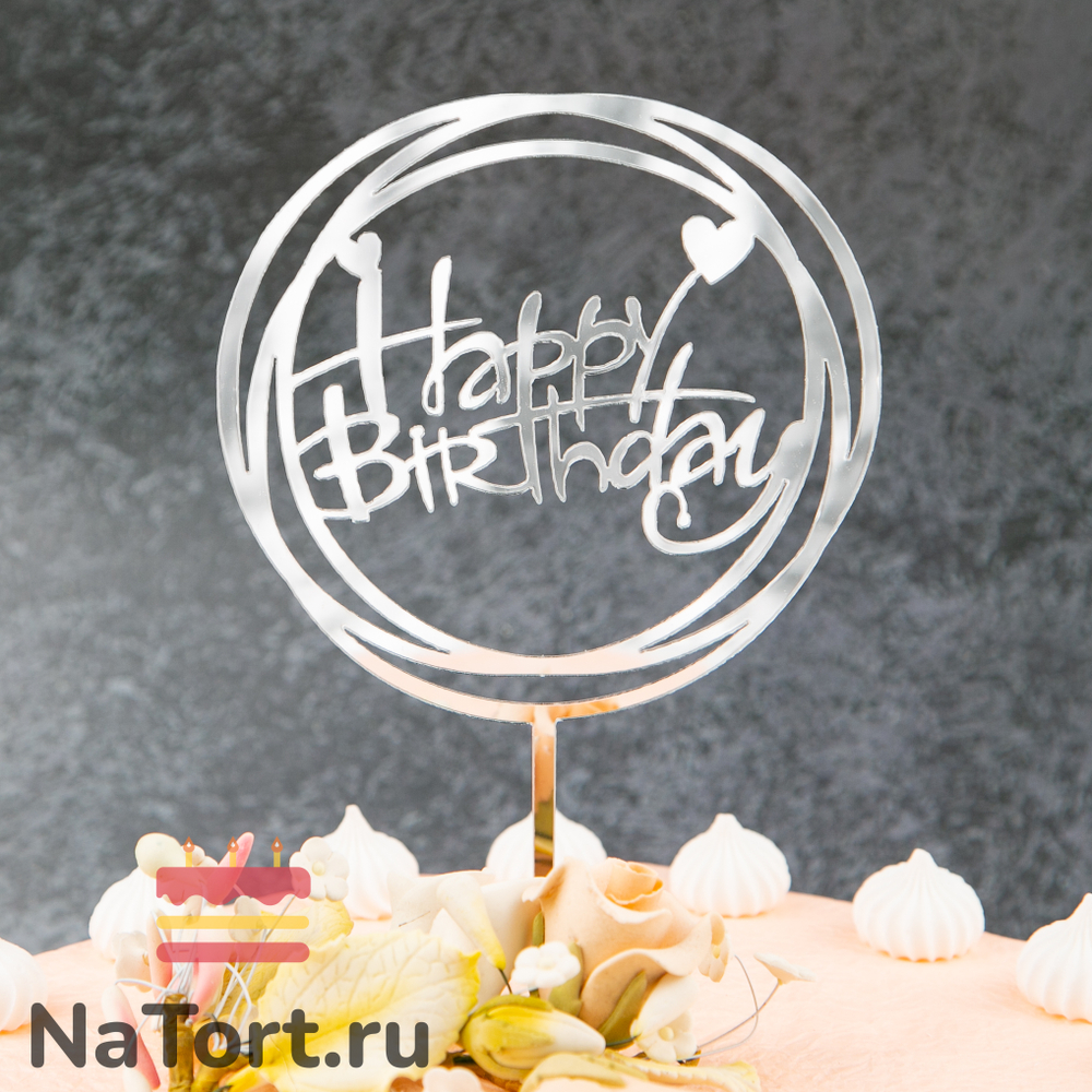 Топпер круглый «Happy Birthday» серебряный