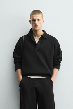 ZARA ХЛОПКОВОЕ ТРИКОТАЖНОЕ ПОЛО, ЧЕРНЫЙ