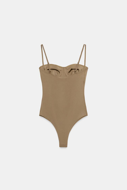 ZARA КРУЖЕВНОЕ БОДИ ИЗ ПОЛИАМИДА, ТЕМНЫЙ БЕЖЕВО-КОРИЧНЕВЫЙ