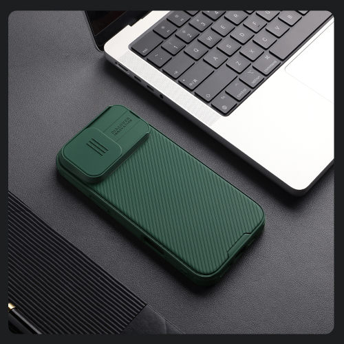 Чехол зеленого цвета (Dark Green) с сдвижной шторкой для камеры от Nillkin для iPhone 16 Pro Max, серия CamShield Pro Case