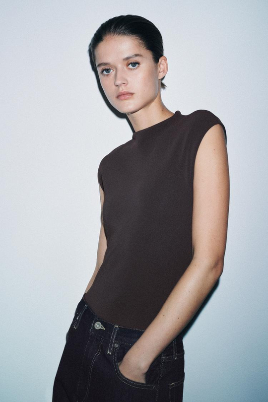 ZARA БОДИ С ВЫРЕЗАМИ ИЗ ЭЛАСТИЧНОЙ ТКАНИ, КОРИЧНЕВЫЙ