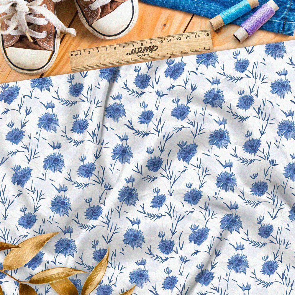 Ткань премиум шифон васильки на белом