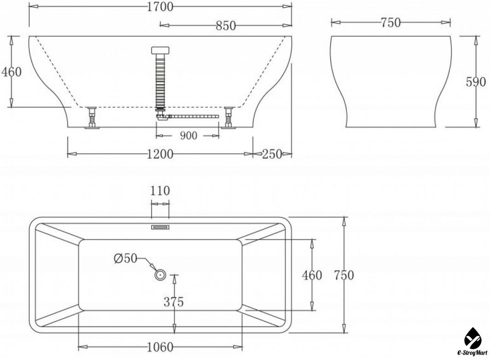 ВАННА АКРИЛОВАЯ ОТДЕЛЬНОСТОЯЩАЯ 1700*750 BELBAGNO BB73