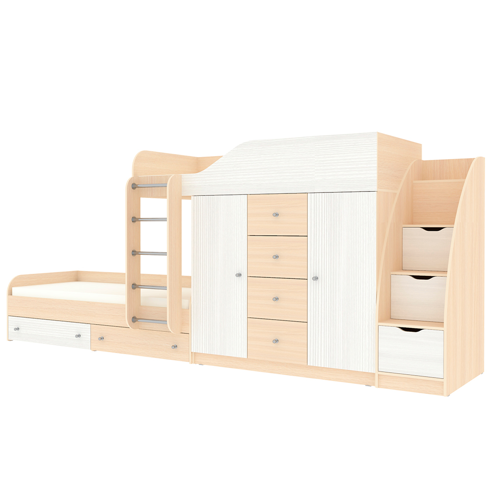 Кровать двухъярусная КарИВи Астра 6 с лестницей Комод КарИВиом  Дуб Молочный Белое Дерево