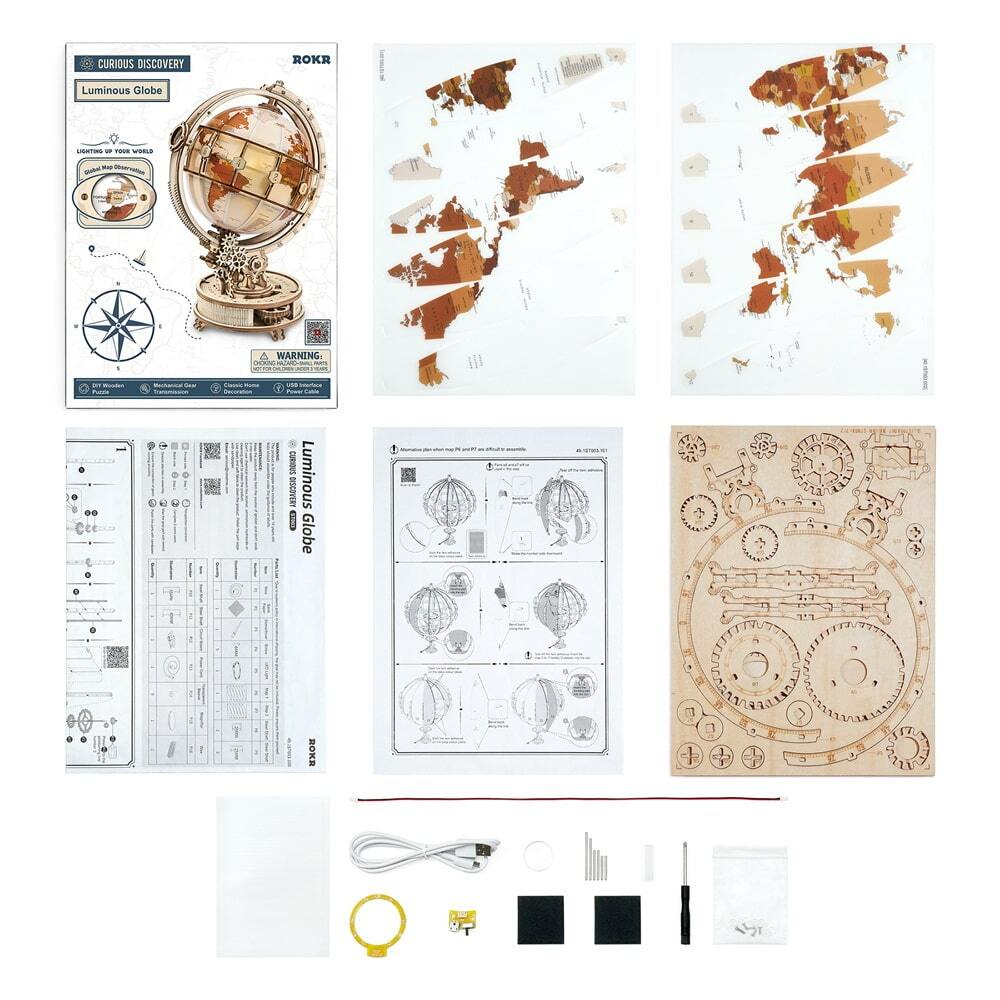 Светящийся Глобус, ночник (ROKR и Robotime) - Деревянный конструктор, сборная механическая модель, 3D пазл
