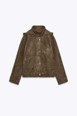 ZARA КУРТКА ИЗ ИСКУССТВЕННОЙ ЗАМШИ С КАПЮШОНОМ, СВЕТЛЫЙ ХАКИ