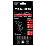 Карандаши чернографитные BRAUBERG НАБОР 12 шт., "Black Jack", 2Н-4В, без резинки, черные, дерево, заточенные, 180620