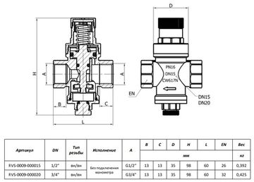 Редуктор давления Rommer 3/4" ВР/ВР PN16 без подключения манометра (RVS-0009-000020)