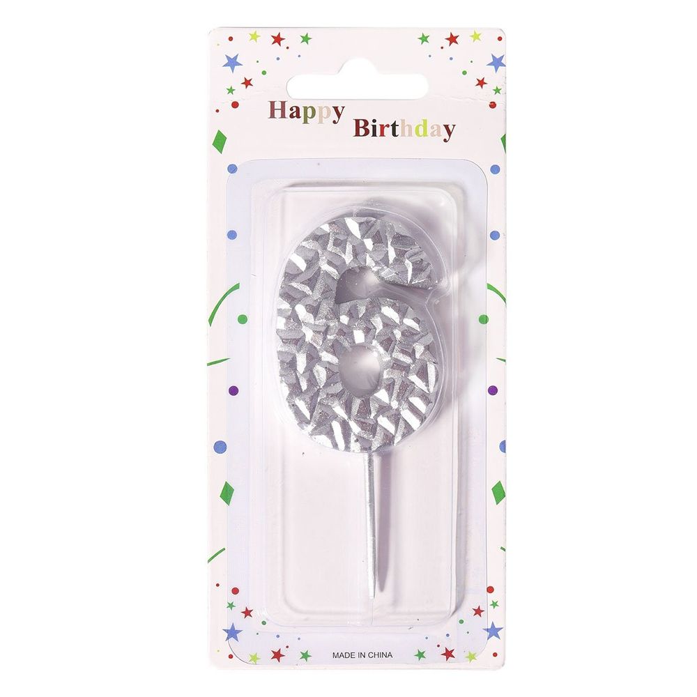 Свеча для торта Alingar, 5-6 см, на пике, "Цифра 6", цвет серебро, блистер с европодвесом