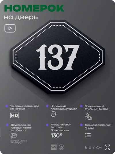 Номерок на дверь квартиры 137, для кабинета, офиса, шильдик 9 х 7 см, черный, Айдентика Технолоджи