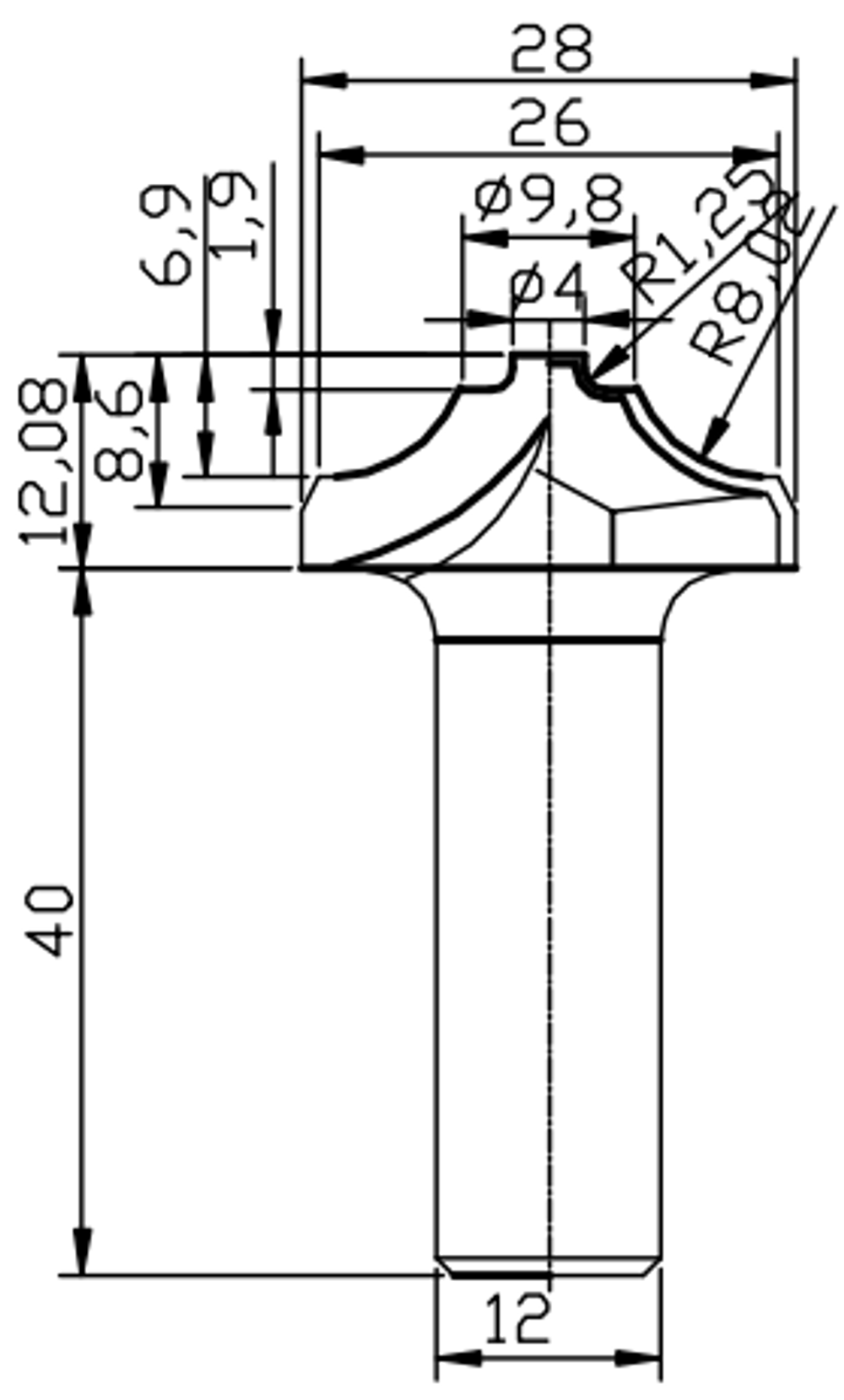 PCD профильная фреза D.28x12,08 S.12x40 Z2
