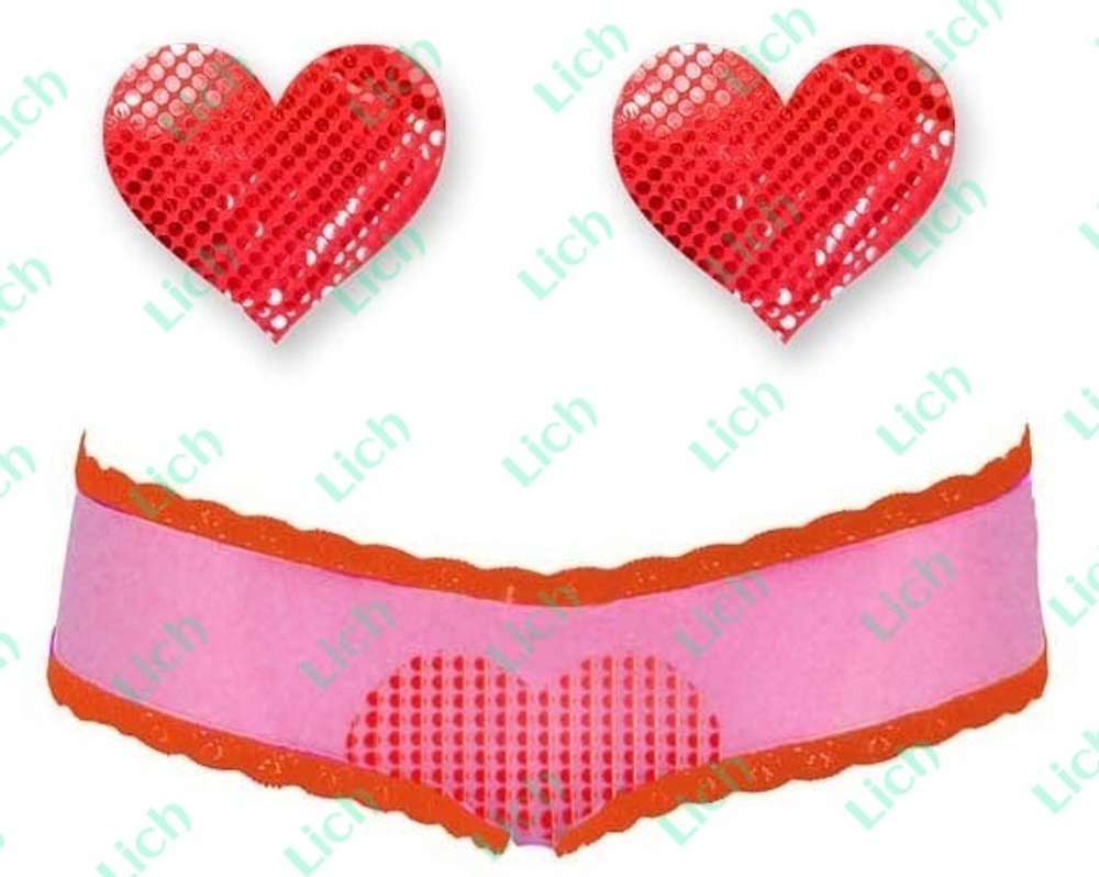 Комплект из 1 пары красных пэстис-сердечек с блёстками и розовых трусиков с красным кантом