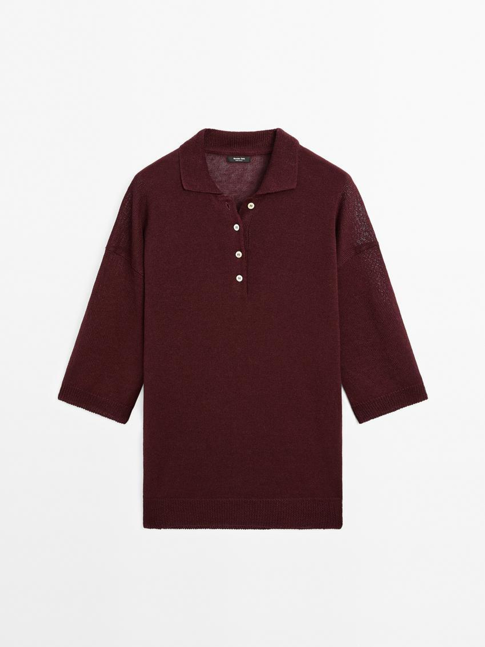 Massimo Dutti Свитер оверсайз с воротником поло, гранатовый