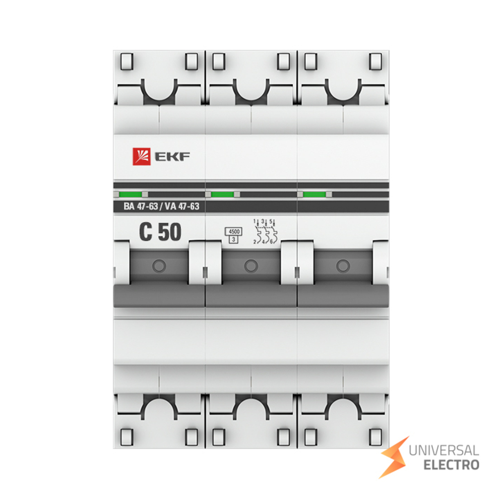 Автоматический выключатель 3P 50А (C) 4,5kA ВА 47-63 EKF PROxima