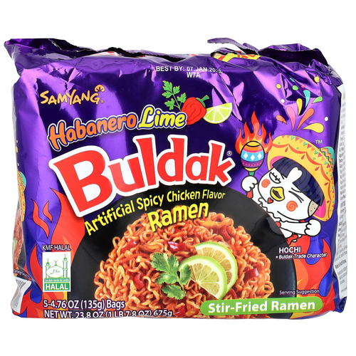Buldak, Buldak®, жареный рамэн, пряная курица, хабанеро и лайм, 5 пакетиков по 135 г (4,76 унции)