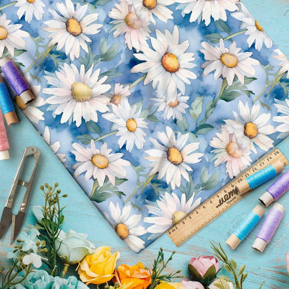 Ткань премиум флис акварельное ромашковое поле