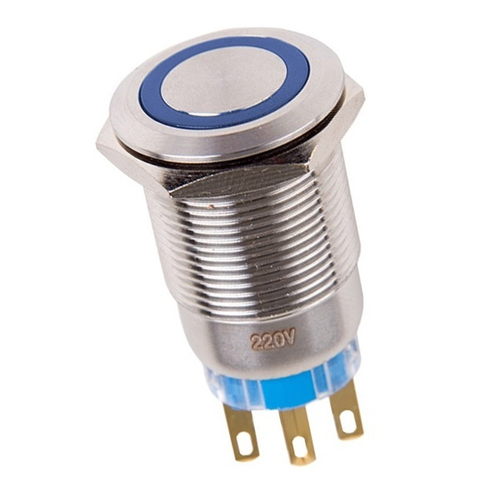 Кнопка антивандальная d19 250V с фиксацией (5с) ON-OFF/OFF-ON подсв/синяя Rexant 36-3441