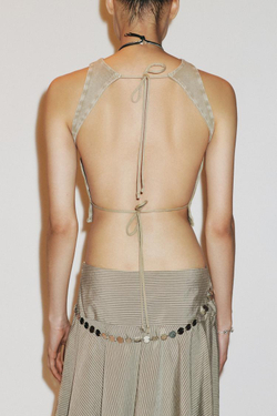 ZARA ФУТБОЛКА В РУБЧИК С ОТКРЫТОЙ СПИНОЙ, СВЕТЛЫЙ ХАКИ