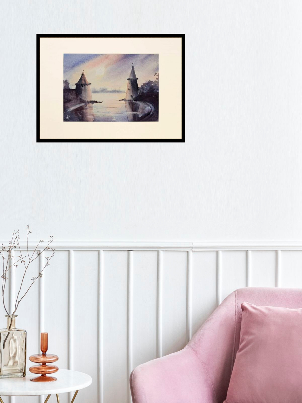 Картина авторская акварельная в паспарту 21х30 см на стену для интерьера "Закатная Пскова"