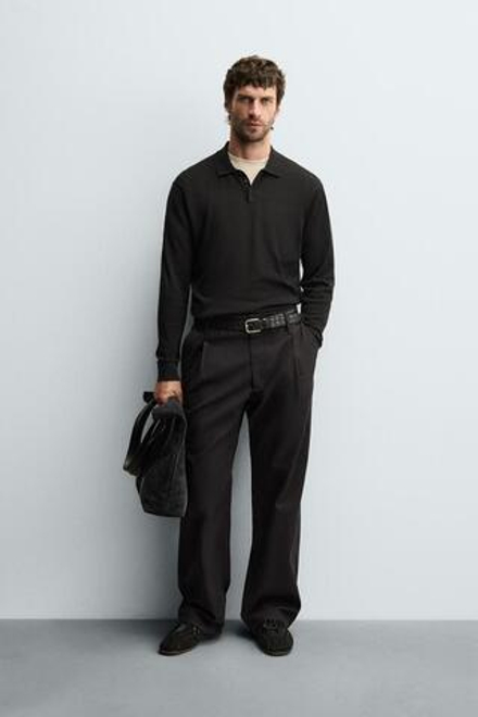 ZARA ПОЛО ИЗ ХЛОПКА И ШЕЛКА, ЧЕРНЫЙ