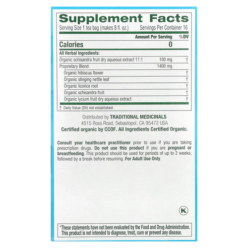 Traditional Medicinals, Organic EveryDay Detox®, ягоды гибискуса и лимонника, без кофеина, 16 чайных пакетиков в упаковке, 24 г (0,85 унции)