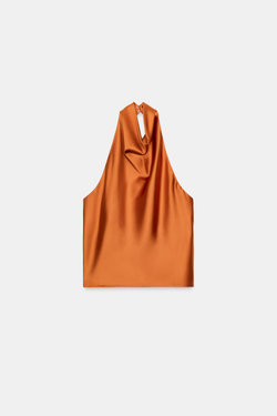 ZARA АТЛАСНЫЙ ТОП С ГОРЛОВИНОЙ ХАЛТЕР, ОРАНЖЕВЫЙ
