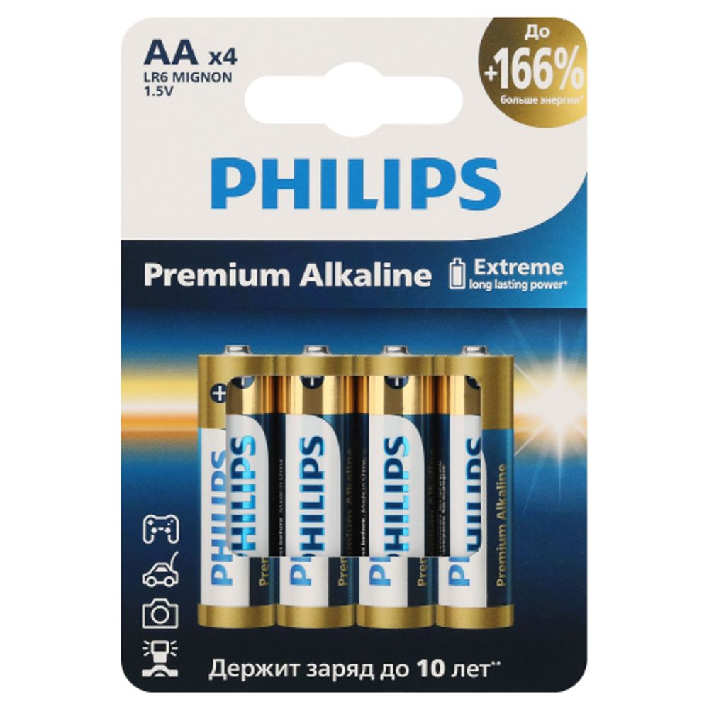Батарейки Philips LR6M4W/51 АА алкалиновые 1,5v 4 шт. LR6-4BL Premium (4/48/144/17280)