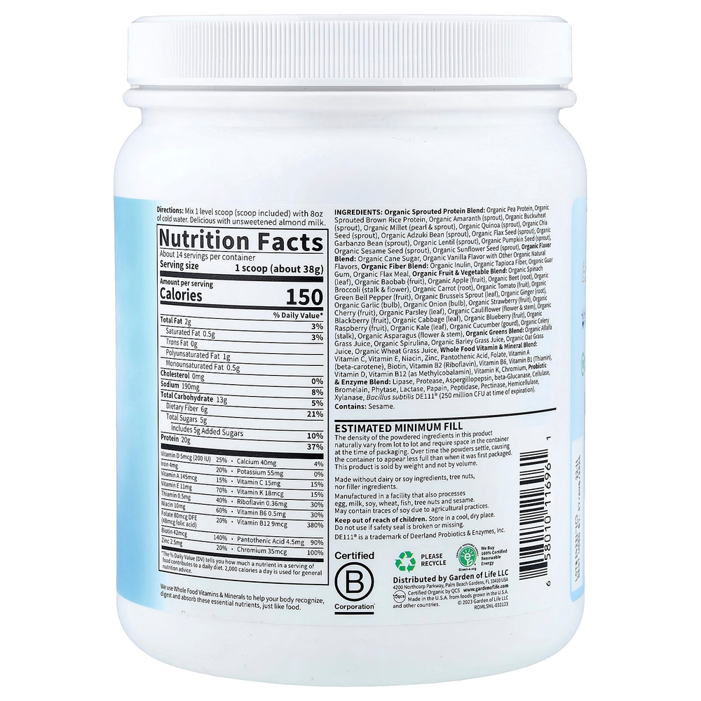 Garden of Life, RAW Organic, коктейль-заменитель еды, слегка сладкий, 532 г (1 фунт 2,76 унции)