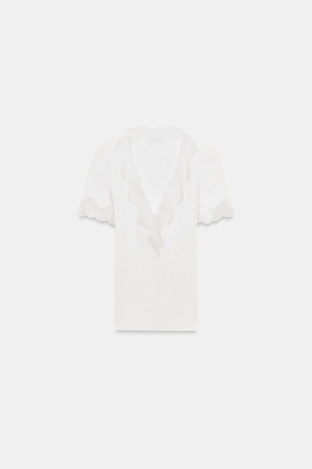 ZARA ФУТБОЛКА В РУБЧИК С КРУЖЕВОМ, БЕЛЫЙ