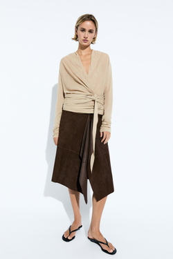 Massimo Dutti Замшевая кожаная юбка миди с оборками, коричневый