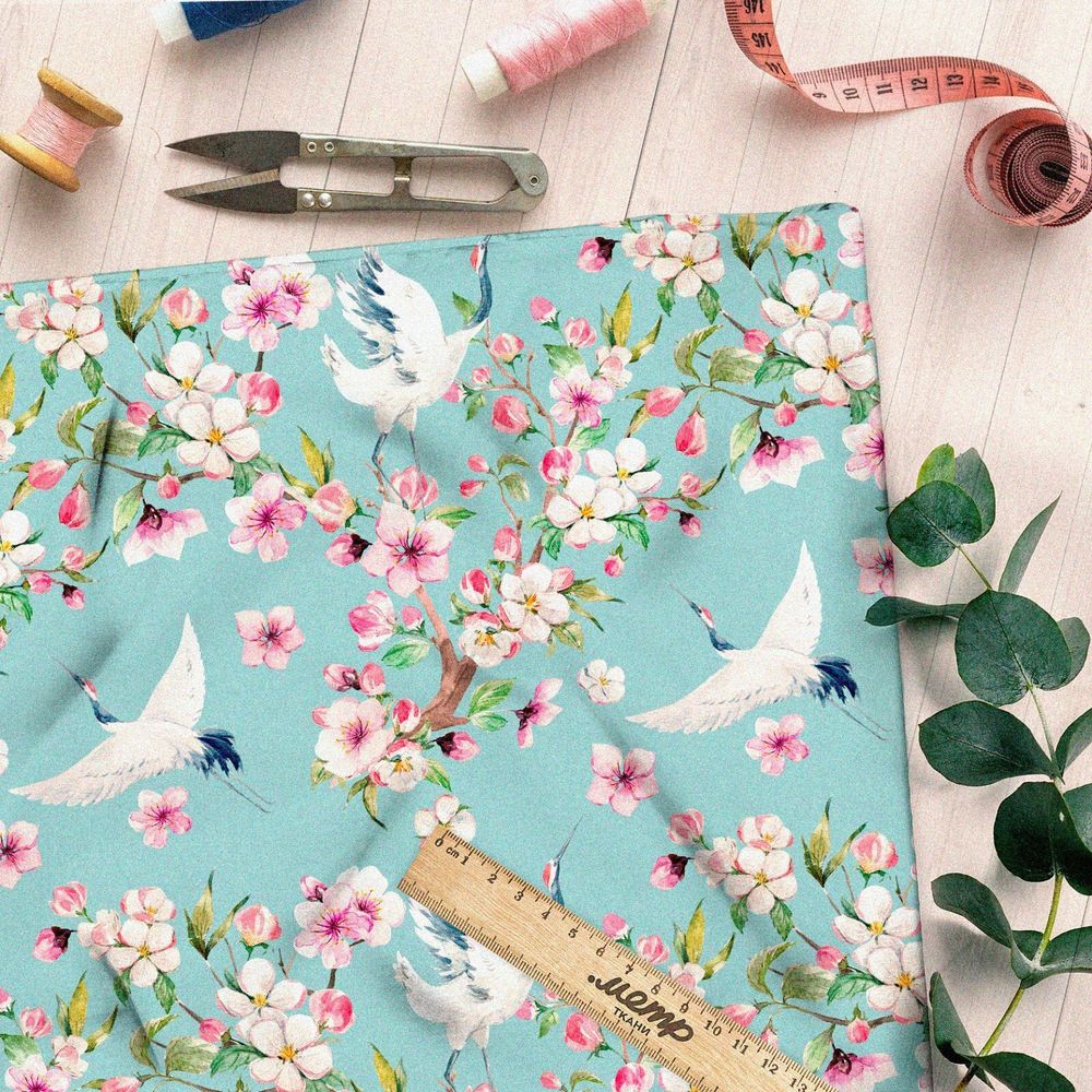 Ткань бифлекс цветущая вишня и журавль