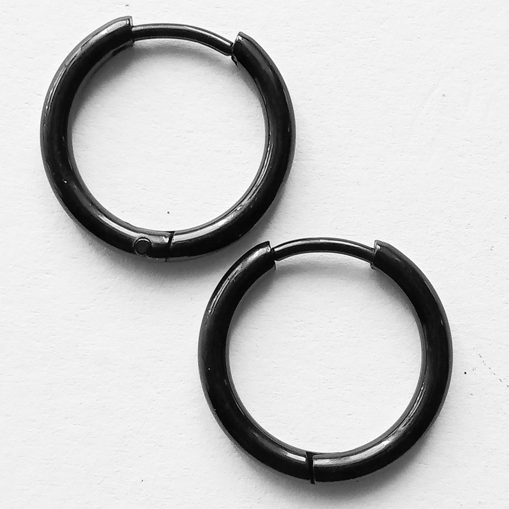 Серьги кольца черные 12мм для пирсинга ушей. Медицинская сталь, титановое покрытие. Цена за пару
