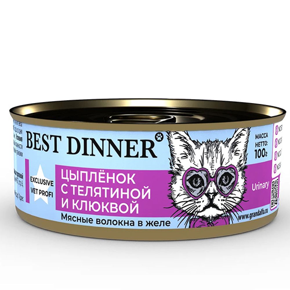 Корм Best Dinner Exclusive VET PROFI Urinary Цыпленок с телятиной и клюквой для кошек 100г желе / 24 шт