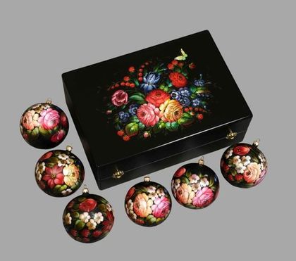 Zhostovo Christmas balls in wooden box - set of 6 balls SET04D-667785785